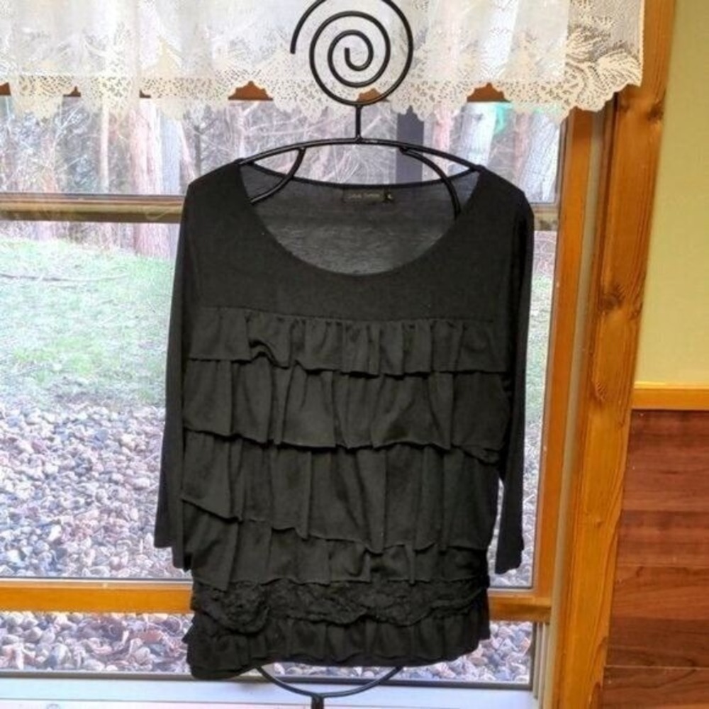 Casual Express Layered Ruffled Pleated Black Long Sleeve Sz. L‎ Top Tunic